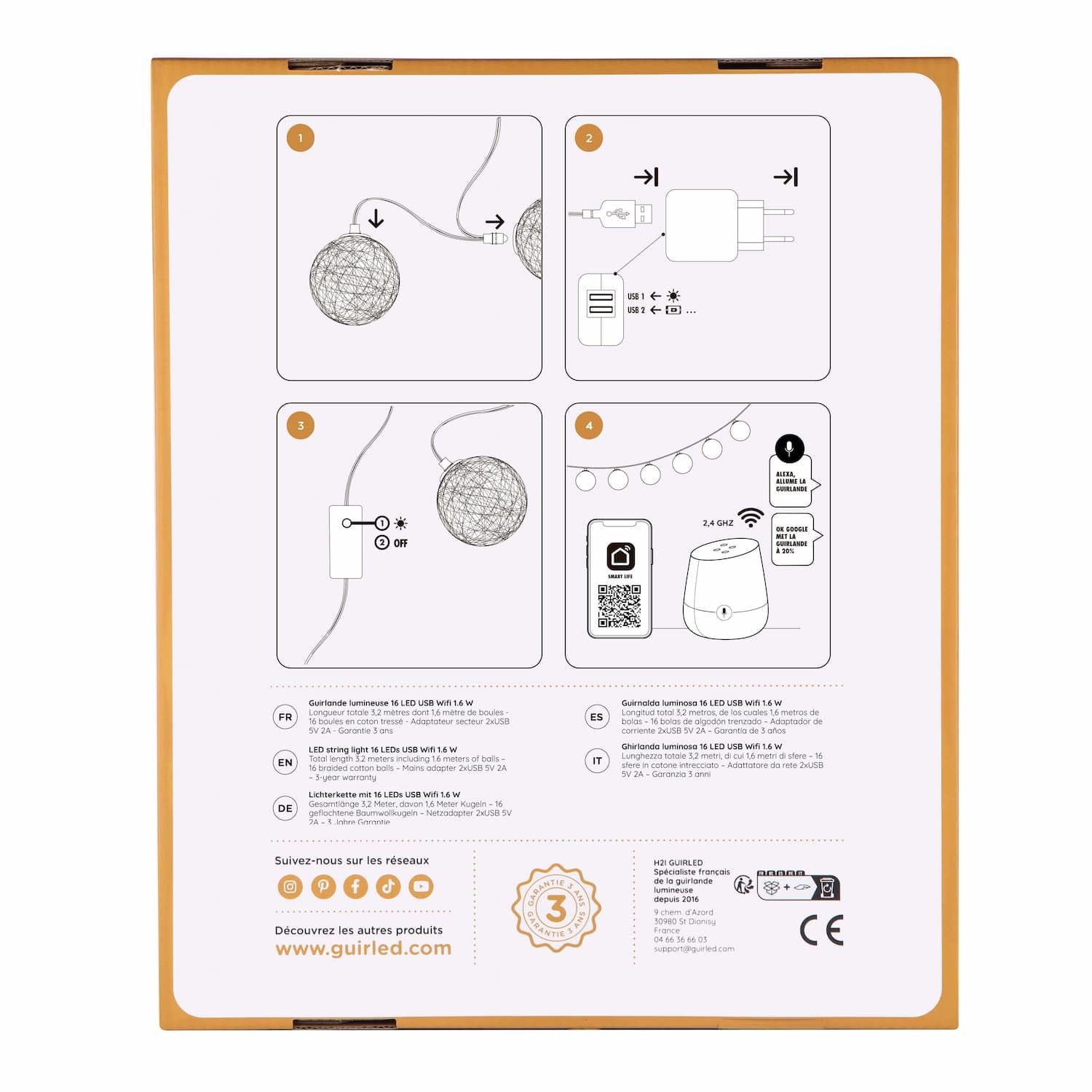 GuirLED - LED Baumwollkugeln Lichterkette WIFI USB - Sprachsteuerung - Connected Home - Amazon Alexa & Google Assistant - 2xUSB-Netzadapter enthalten - 32 Kugeln 3,2m - Horizon