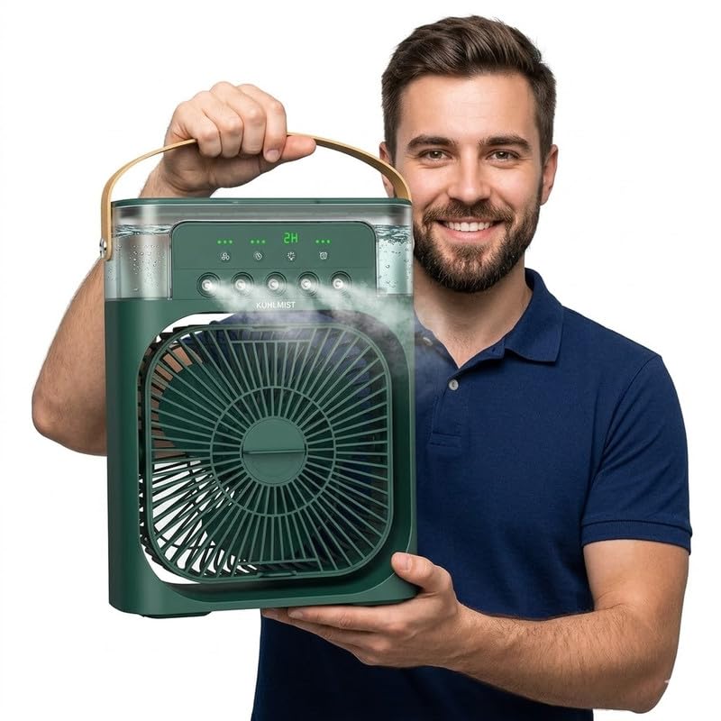 Image of Drumstone Portable USB Mini Air Cooler Fan with Water Mist & Timer, 3 Speed Personal Desk Cooling Device with LED Light for Home, Office & Travel Use