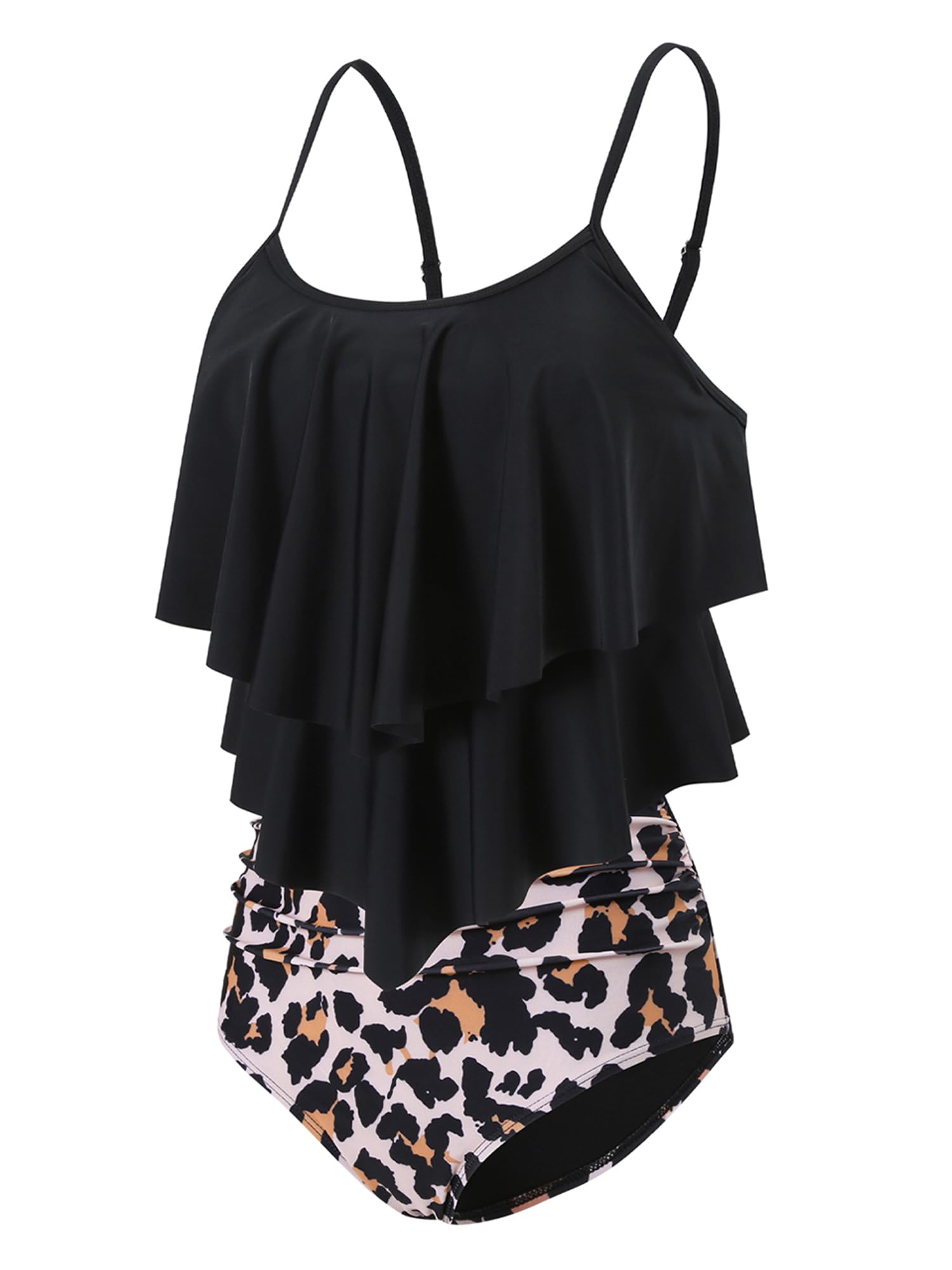 Damen Zweiteiler Badeanzug mit High Waist Shorts Tankini Sets mit Doppel-Rüschen