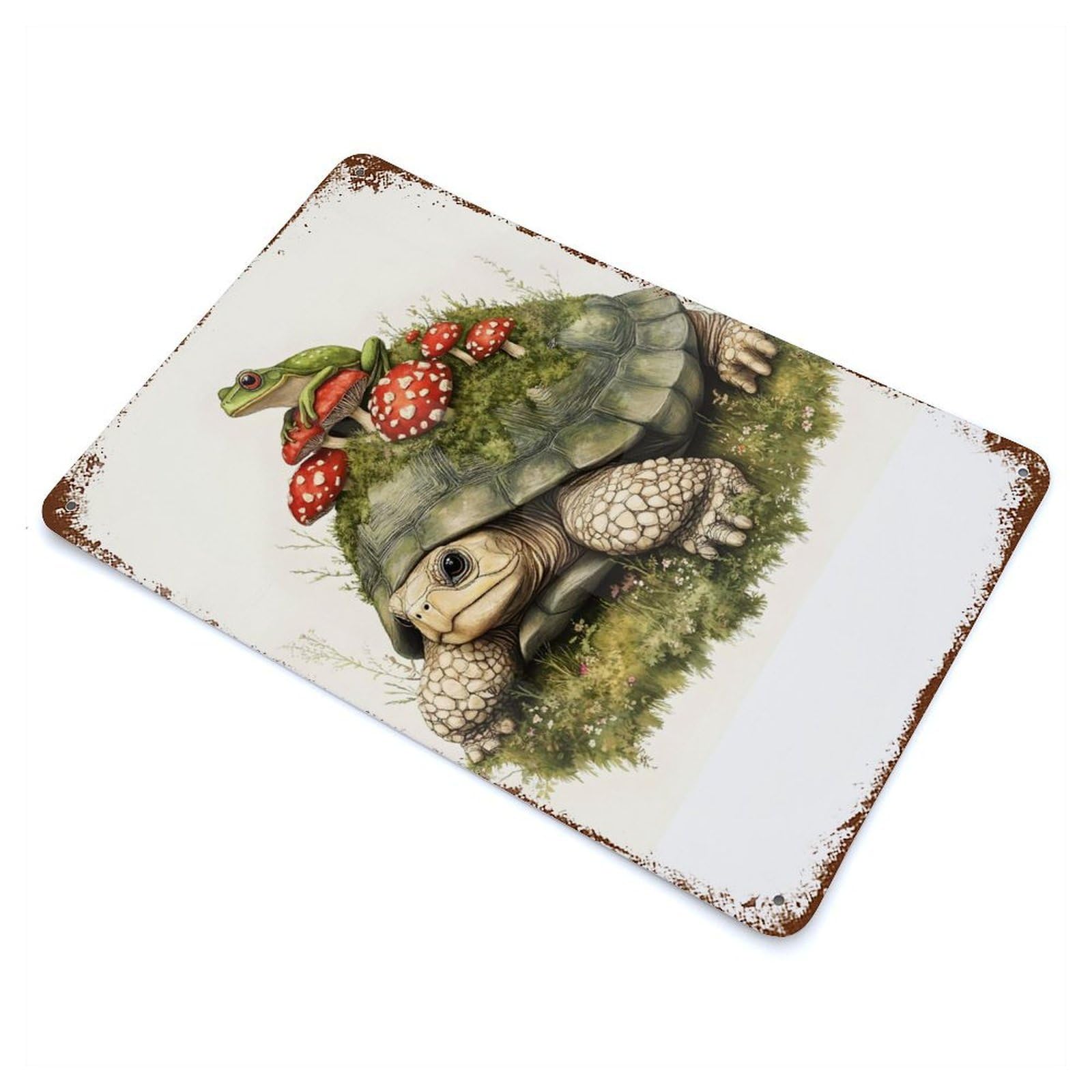 Distressed Metal Wall Sign Turtle And Frog with Mushrooms 11.8"x7.9", Vintage Wall Decor for Garage, Bar And Workshop Decor