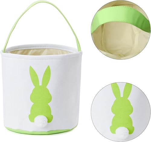 Miniatura 7 de Cesta de conejo de Pascua, cesta de caza de huevos para niños, cesta de lona con estampado de conejo con cola esponjosa, cesta de huevo de caramelo,