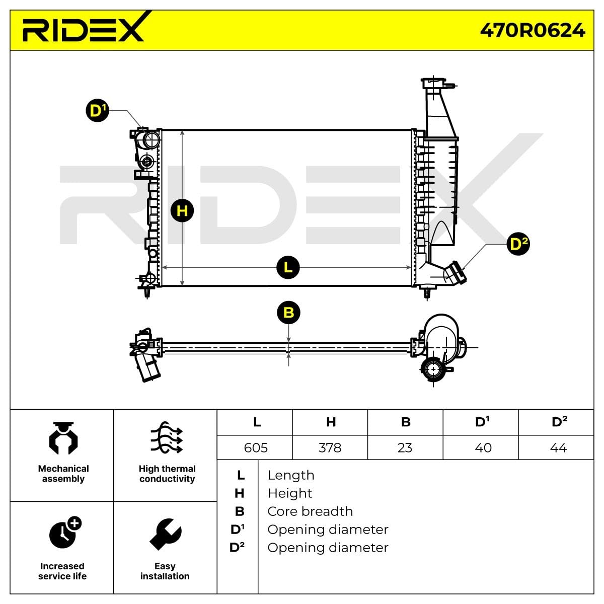Chłodnica Wody RIDEX 470R0624 Kompatybilny z PEUGEOT PARTNER nadwozie pełne 5 PARTNER Combispace 5F, CITROËN Berlingo/Berlingo First Van M
