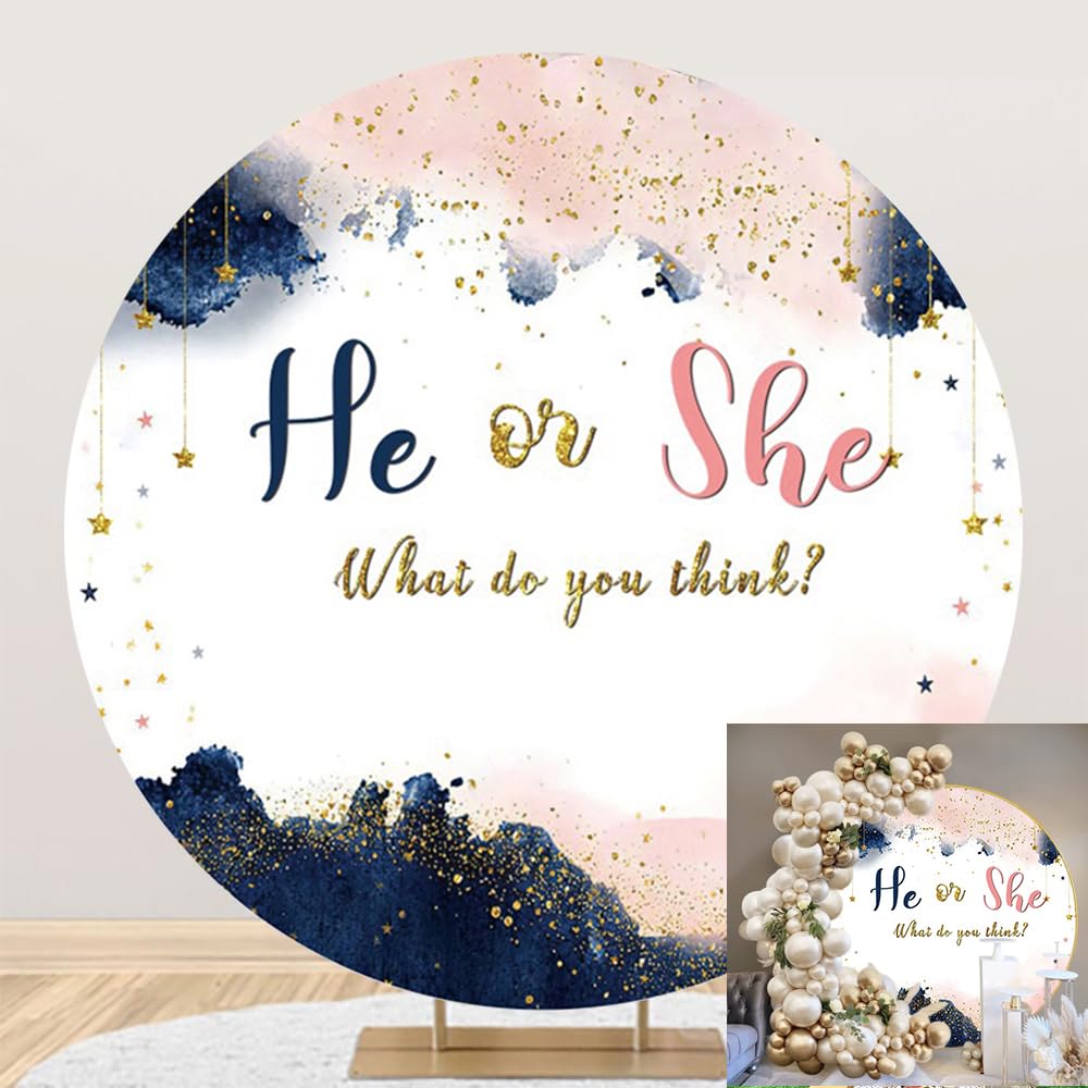 OERJU 6.5x6.5ft Navy and Blush Gender Reveal Round Backdrop Pink Blue Boy or Girl He or She Gold Star Sequins Photography Background Baby Shower