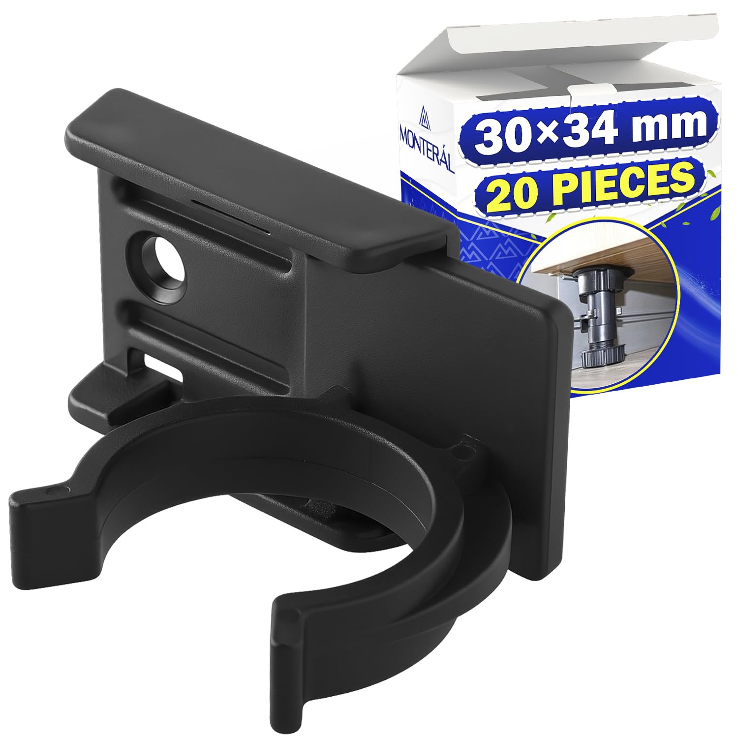 20 Pezzi Ganci per Zoccolo Cucina Universale 30x34 mm per Piedini per Mobili Regolabili - Realizzato in Robusta Plastica Colore Nero - Garanzia di 10 Anni - MONTERAL