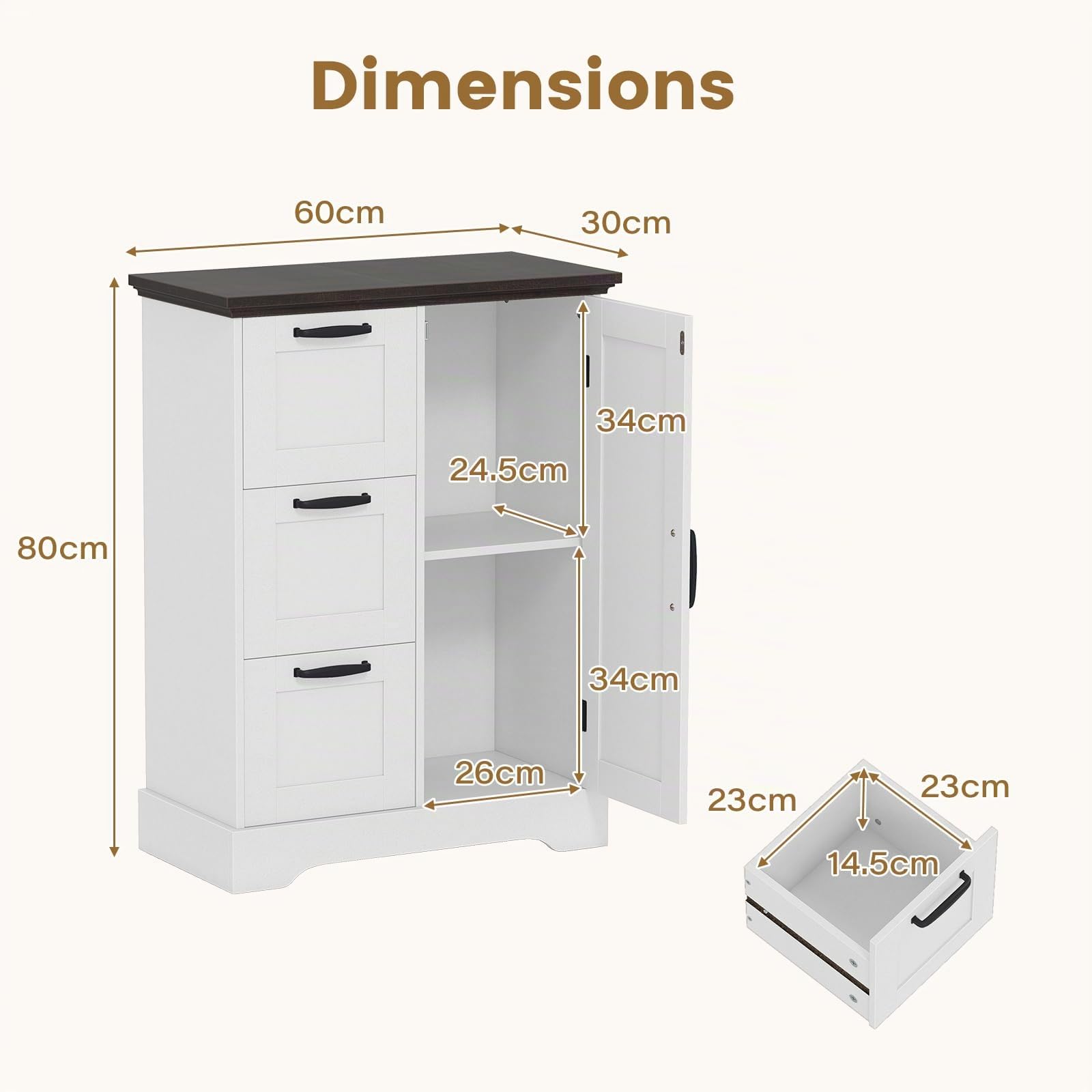 COSTWAY Meuble Salle de Bain Rangement, Armoire de Rangement Style Ferme avec Porte de Grange, 3 Tiroirs Pratique, Buffet, Commode pour Cuisine, Salon, Chambre, 30 x 60 x 80 cm (Blanc)