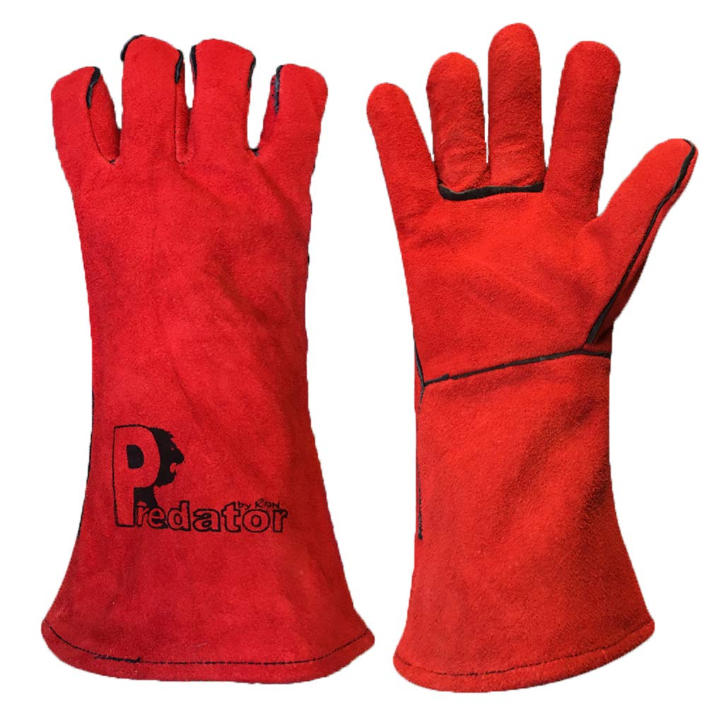 Geakv Red Wood Burning Stove Gloves Leather Welders Gauntlets Log Fire Mig Arc Welding