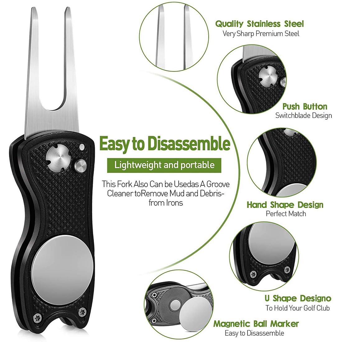 SGERUFZ Golf Reparatur Pitchgabel Edelstahl Multifunktion Tool mit Pop-up-Taste Ball Marker Switchblade Zubehör