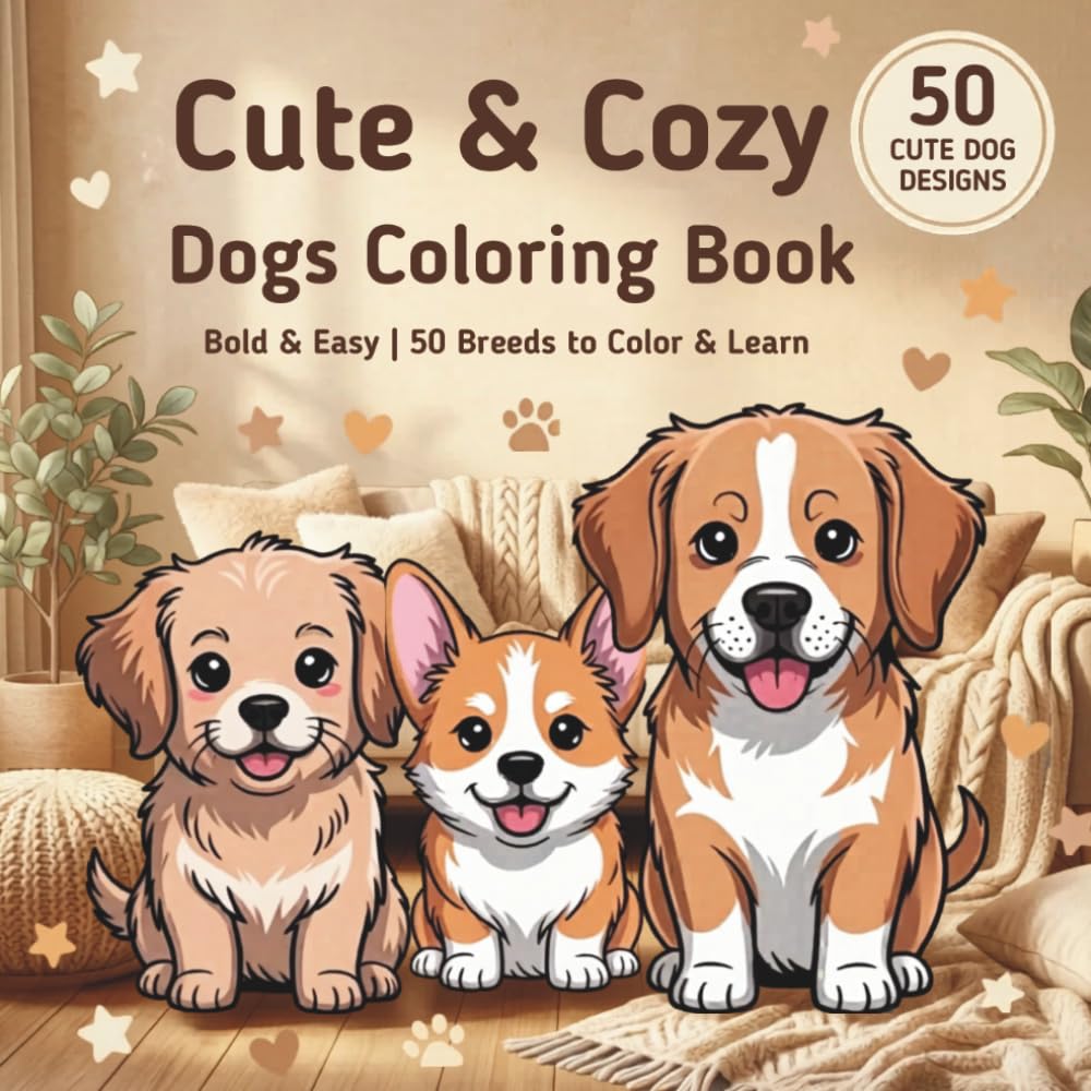 Cute & Cozy Dogs Coloring Book: Bold & Easy | 50 Breeds to Color & Learn