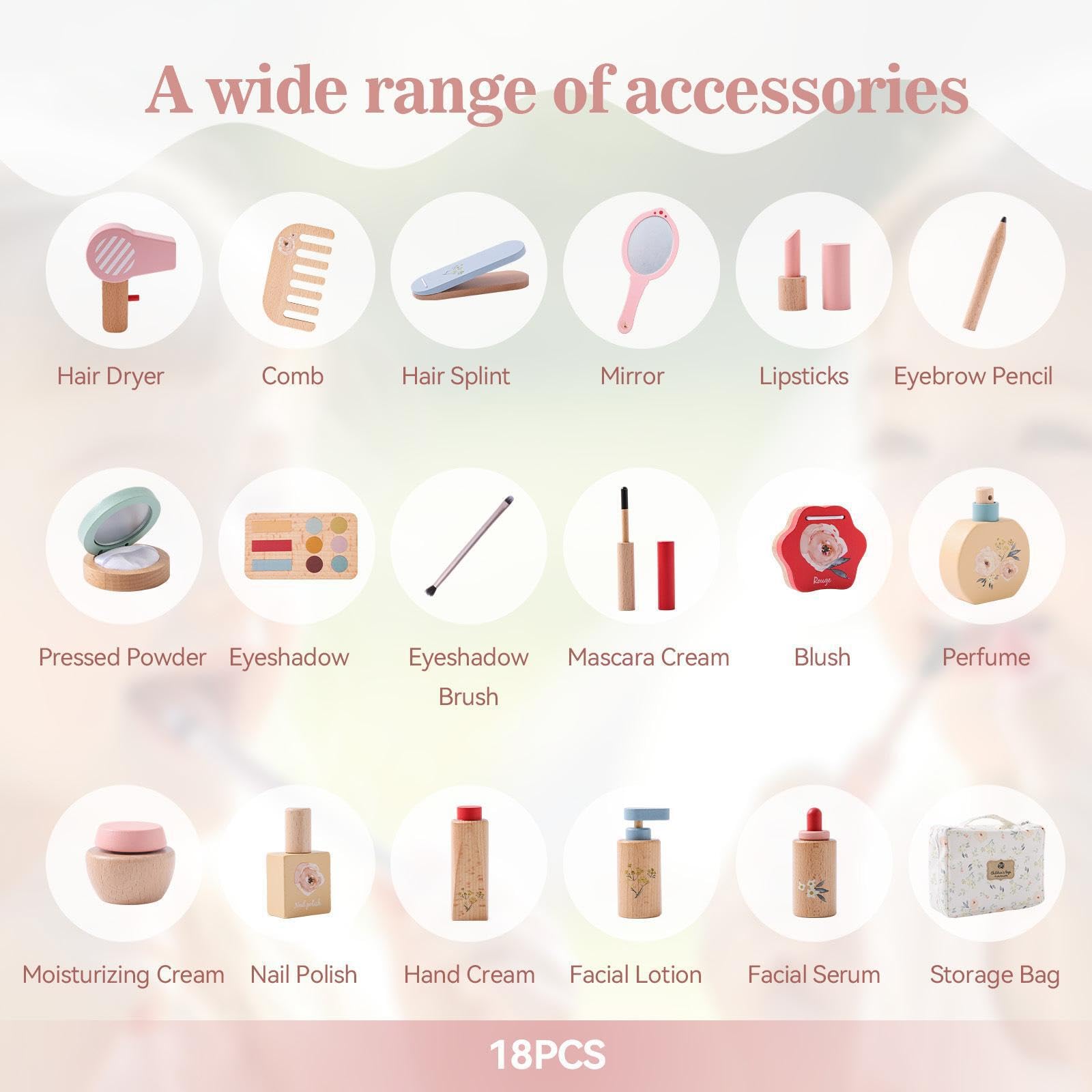 Bellissimo salone di bellezza in legno che offre kit per il trucco | bambini con accessori divertenti e multiuso. Kit di finzione per bambini piccoli. Giocattoli di bellezza in legno.