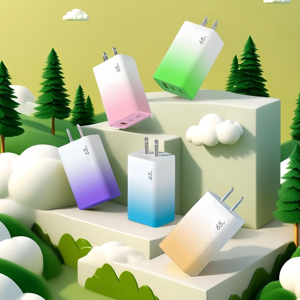 Cargador de viaje GaN de 65 W, cargador USB GaN de 3 puertos, con cable USB y 2 PD, estación de viaje de carga rápida para teléfono y portátiles (rosa)