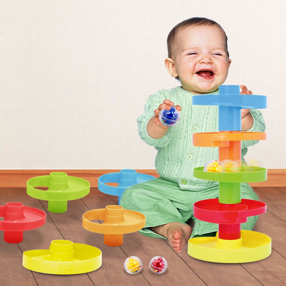 Juguete de bola – Juego de torre STEM expandible de 14 piezas para niños pequeños de 9 meses | Puente de bricolaje, bolas de sonajero de 1.8 pulgadas, rampas apilables | 2