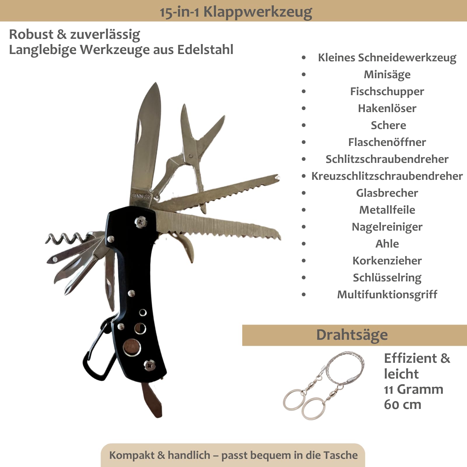 Survival Kit Komplett BIRKOSCH – 16 Werkzeuge + 82 Erste-Hilfe-Teile | 2 in 1 : Outdoor-Tasche + Erste-Hilfe-Set. Kompass, Wasserfilter, Rettungsdecke – Camping, Wandern, Auto, Notfall.