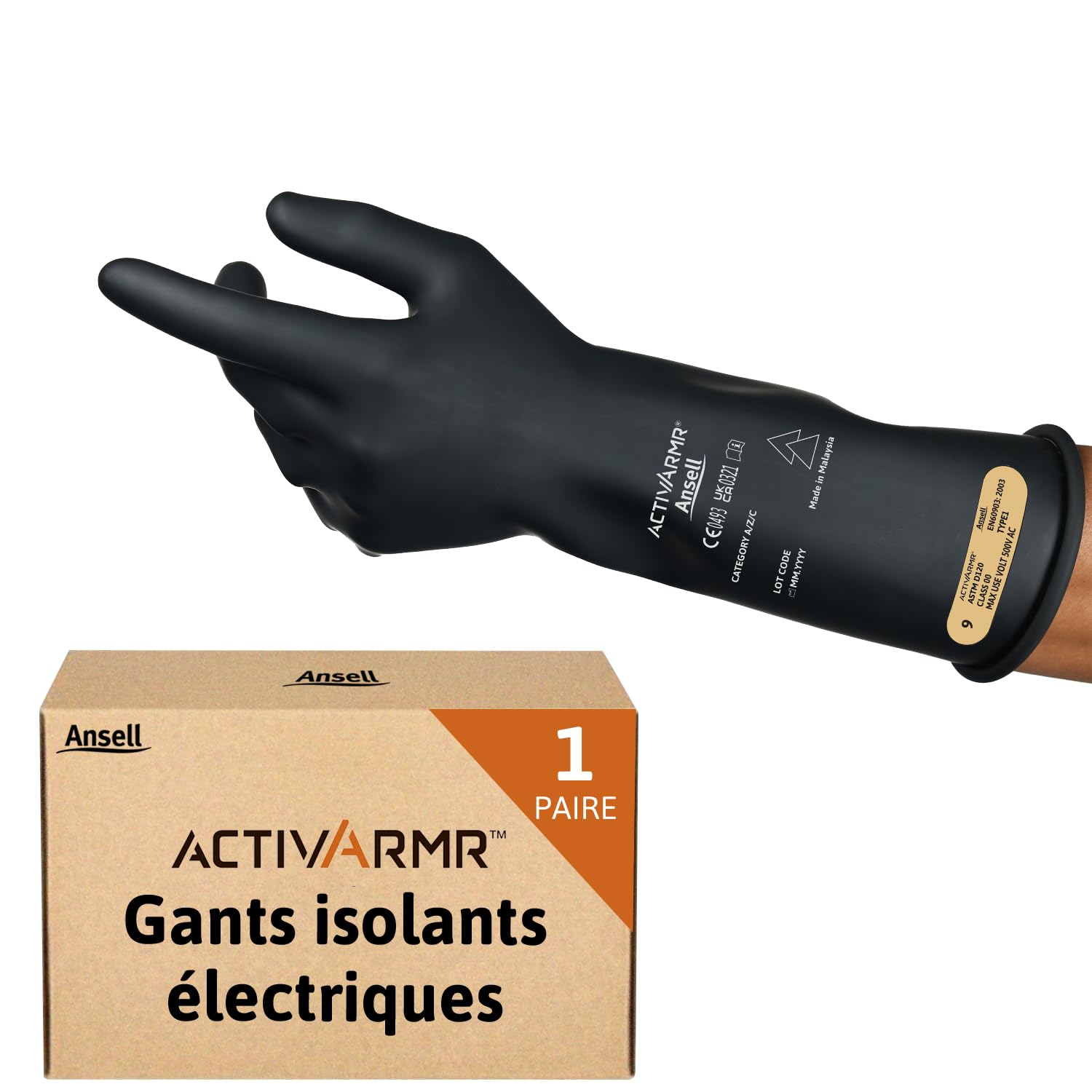 Ansell ActivArmr Gants Electricien, Protection Électrique Classe 00 (Tension 500V), Gants Isolants en Latex de Caoutchouc Naturel, EPI Professionel, 36cm, Noir, Taille XL (1 Paire)