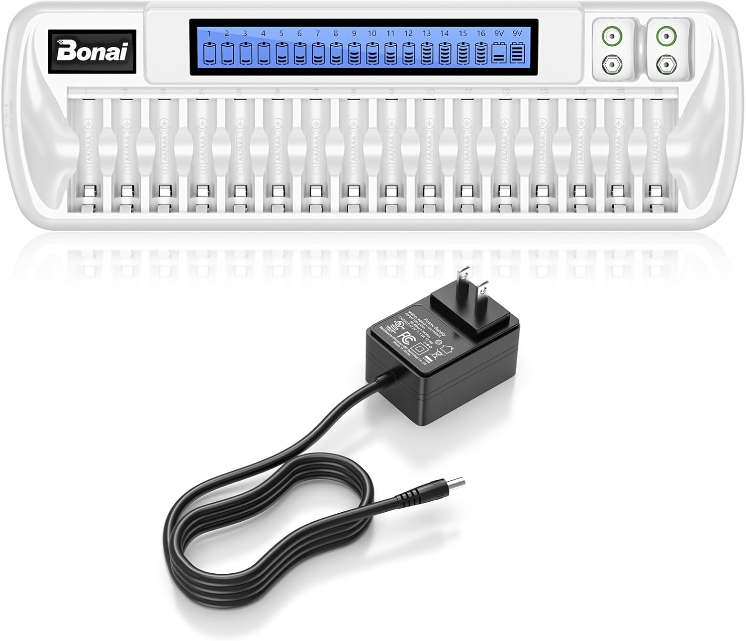 Bonai 16+2 Bay AA AAA 9V Battery Charger for NiMH Rechargeable Batteries Independent Control with Smart LCD Display and AC Wall Adapter, Battery not Included - White