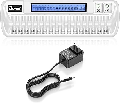 Bonai 16+2 Bay AA AAA 9V Battery Charger for NiMH Rechargeable Batteries Independent Control with Smart LCD Display and AC Wall Adapter, Battery not Included - White