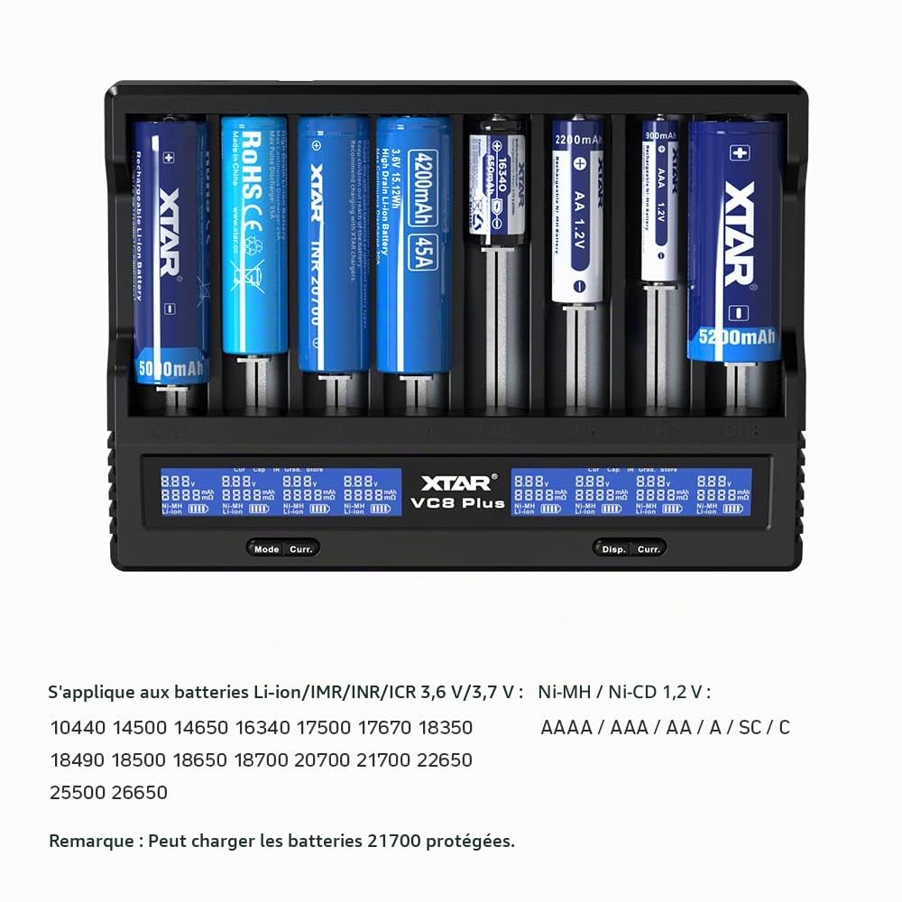 Chargeur de Batterie 18650 8 emplacements XTAR VC8 Plus 3 A Fast 21700 pour Batteries Liion 3,6 V et 1,2 V AA C avec Adaptateur Prise Britannique