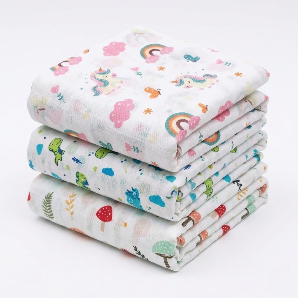 100% Muslin Cotton Baby Swaddle Wrap for New Born Baby (100 cm * 100 cm) New Born Baby Blanket & Swaddles Dreamland Collections (3, Dino/Unicorn/MUSH)-image-1