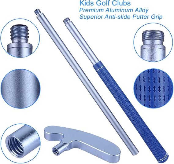Kids Golf Clubs-6063 Aluminum Alloy Golf Putter for Kids Left Handed Golf Set, Indoor/Outdoor Two - Mini Putters Golf Gifts for 5 6 7 8 9 Year Old Boys Girls & 5 Plastic Balls-Silver&Blue