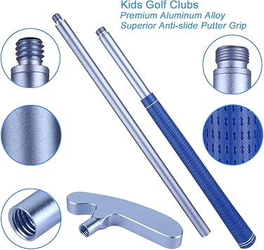 Kids Golf Clubs-6063 Aluminum Alloy Golf Putter for Kids Left Handed Golf Set, Indoor/Outdoor Two - Mini Putters Golf Gifts for 5 6 7 8 9 Year Old Boys Girls & 5 Plastic Balls-Silver&Blue