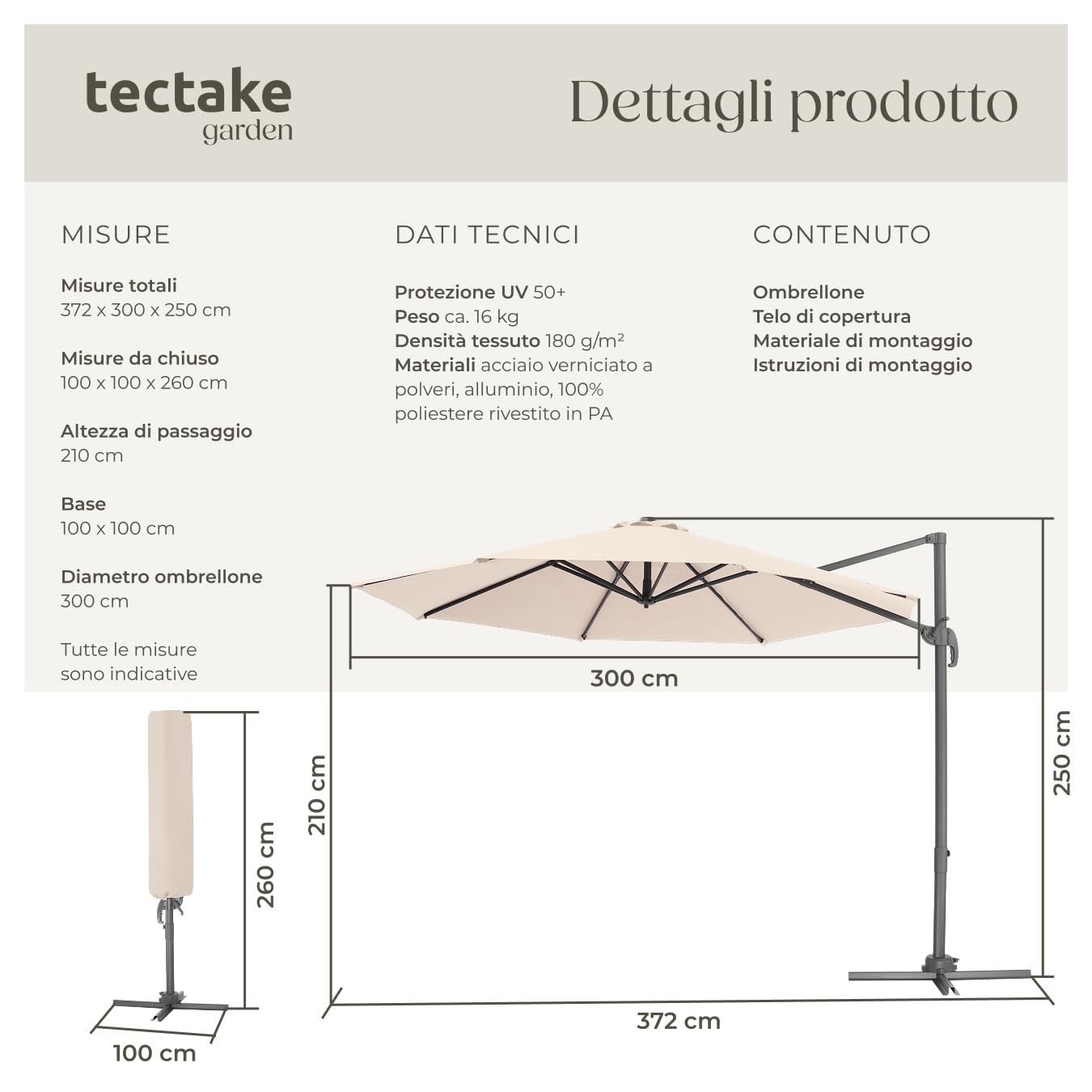 tectake® Ombrellone da Giardino con Palo Laterale in Alluminio, Ombrellone da Esterno Girevole, 6 Gradi di Inclinazione, Resistente ai Raggi UV, Idrorepellente, Ø 300 cm