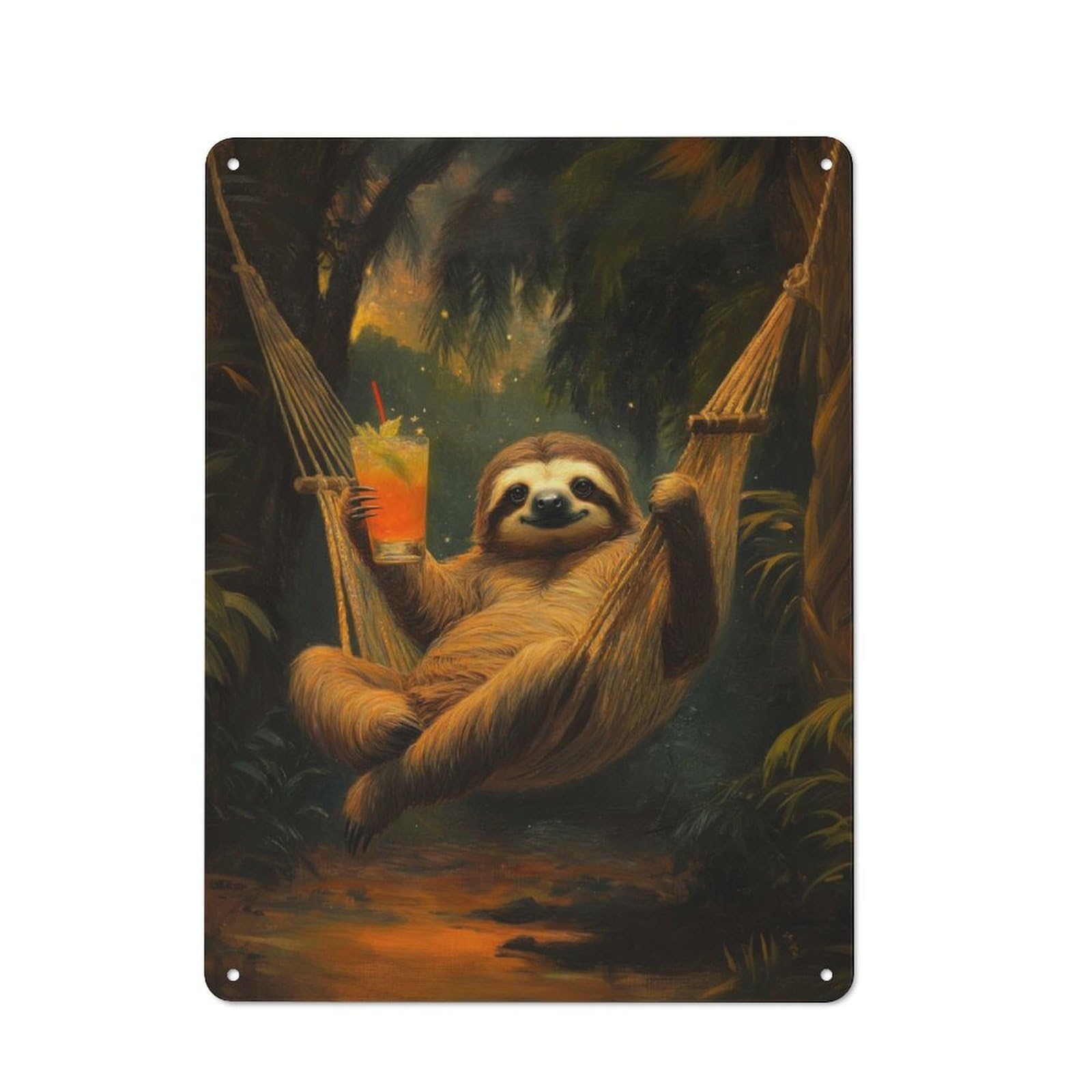 Vintage Cafe Metal Sign 40x30cm Featuring Sloth in Hammock with Drink, Bistro Wall Plaque for Tea Room, Shop Wall Or Breakfast Area