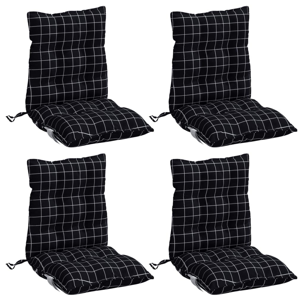 4er Set Niedriglehner-Auflagen 100x50 cm Schwarz Karomuster | Weich gepolsterte Stuhlkissen mit Haltebändern für Garten, Terrasse und Balkon. Pflegeleichtes Oxford-Gewebe mit Komfort.