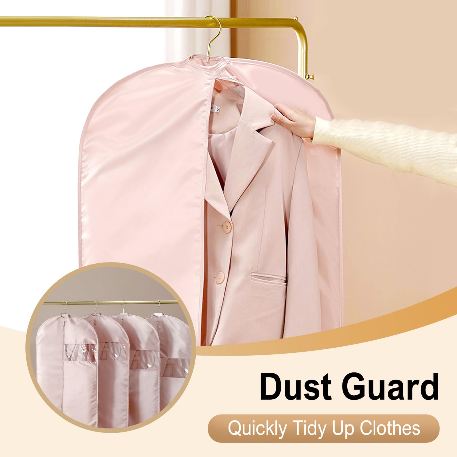 Space Saving Hanging Garment Bag with Self Compression Zipper, 2025 Upgraded Dust Cover Clothes Bags for Down Coat, Space Saver Closet Organizers, Dustproof Clothes Storage (Beige, Medium)