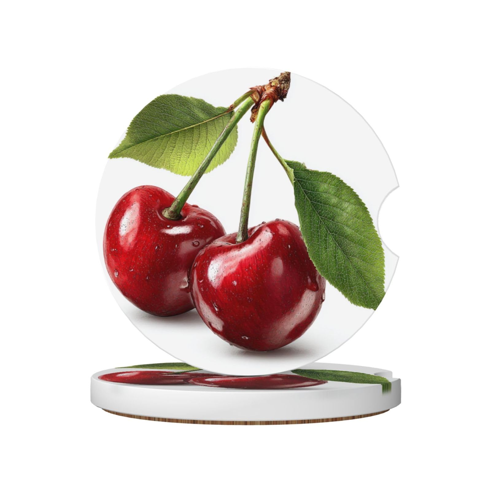 Two Red Cherries with Green Leaves Ceramic Coasters,2pcs
