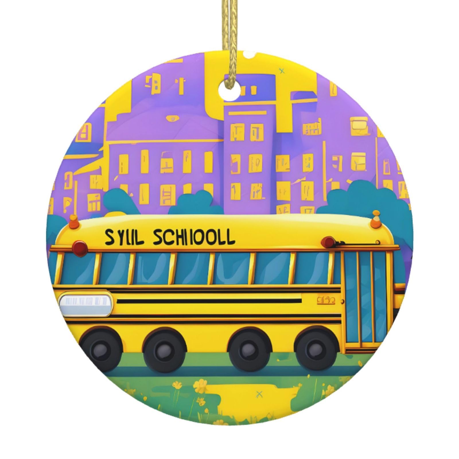 School Bus Print Christmas Ornaments, Ceramic Hanging Ornament, Round Shape Decorations