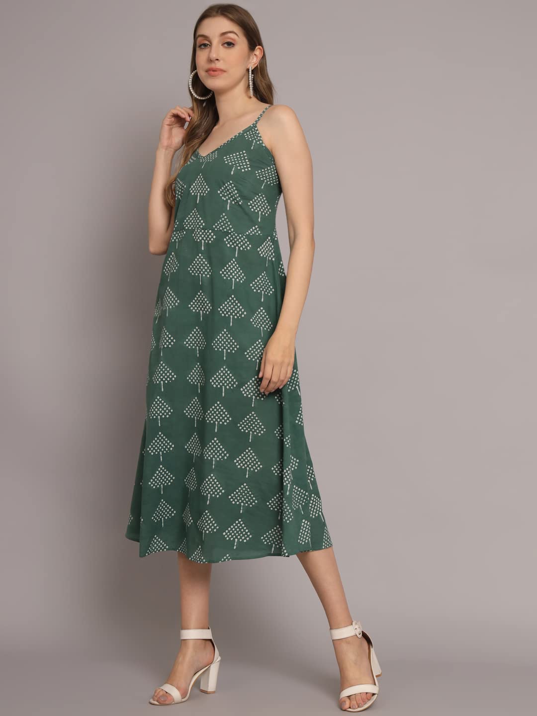 Peppyzone Women's Handblock Printed Sleeveless Shoulder Strip Cami Dress (M, Slate Grey)