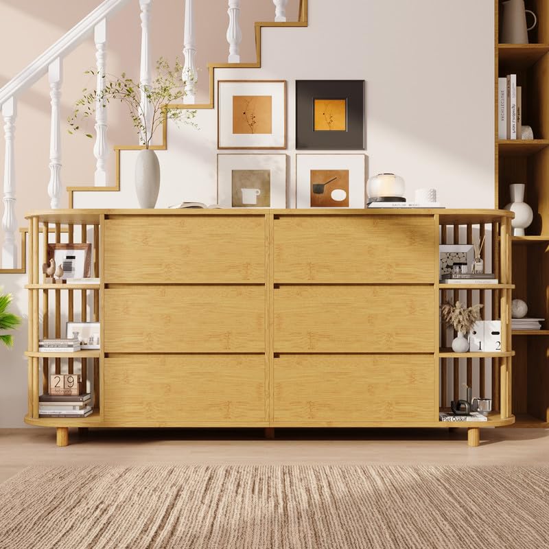 Commode Buffet 160cm chêne, 6 tiroirs et étagères ouvertes, Pieds réglables en Hauteur, Avec Montants et étagères en Bambou, Oak 160x40x75 cm