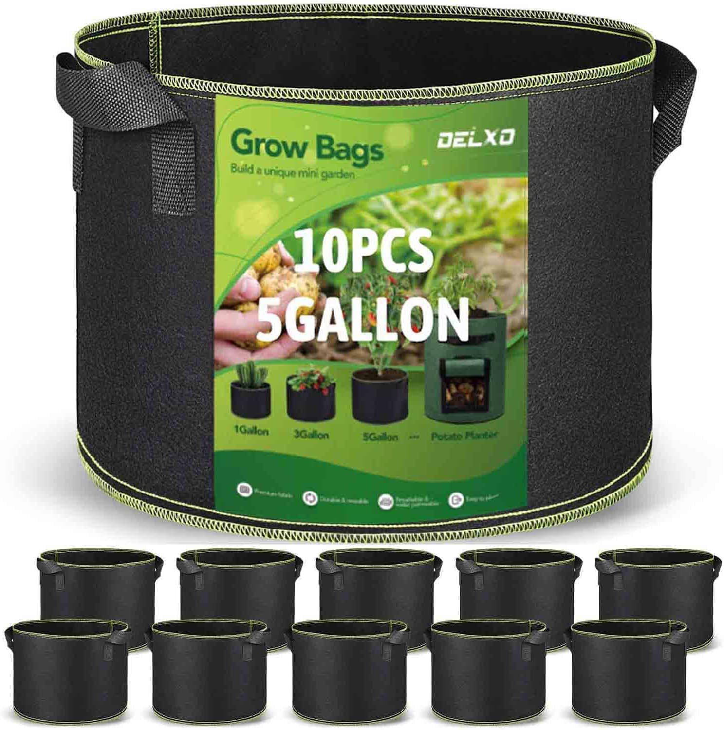 Delxo Grow Bags 1 3 5 Gallon Bundle, 10PK Each Total 30 Potato Grow Bags