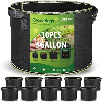 Delxo Garden Grow Bags 10-Pack 5 Gallon Heavy Duty Non-Woven Plant Growing Bags with Handles Fabric Pots Breathable Drainage Planters for Planting Vegetables, Flower, Fruits Black