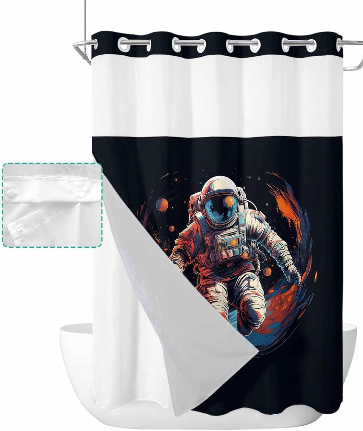 No Hook Shower Curtain with Snap in Liner Set Basketball Astronaut Shower Curtains for Bathroom Waterproof Fabric Planet Rock Runner Bath Curtain with See Through Mesh Top Window for Hotel Spa 48x72
