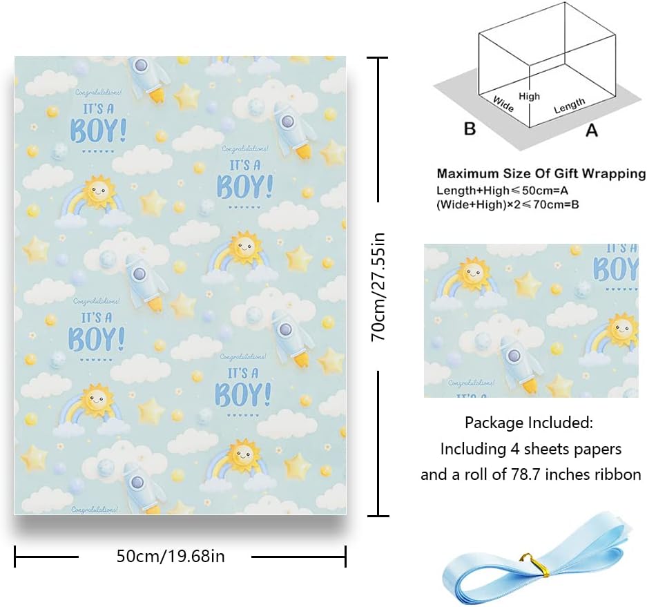 It's a Boy Gift Wrap, Newborn baby boy Light Blue Gift Wrapping Paper,4 Sheets Folded Flat 20x28 inches per sheet With Ribbon for Baby Shower Birthday Celebration Gift Wrap image 3