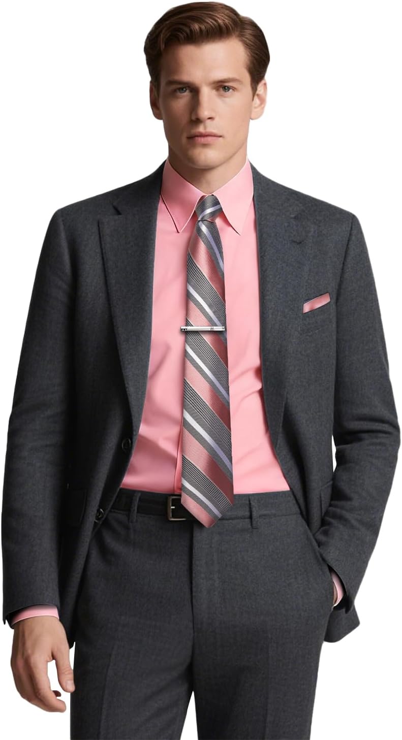 DiBanGu Mens Long Sleeve Dress Shirt and Tie Set Casual Botton Down Shirts for Men Solid Business Shirt with Matching Tie, Blush Pink Shirt and Pink Tie, 3X-Large