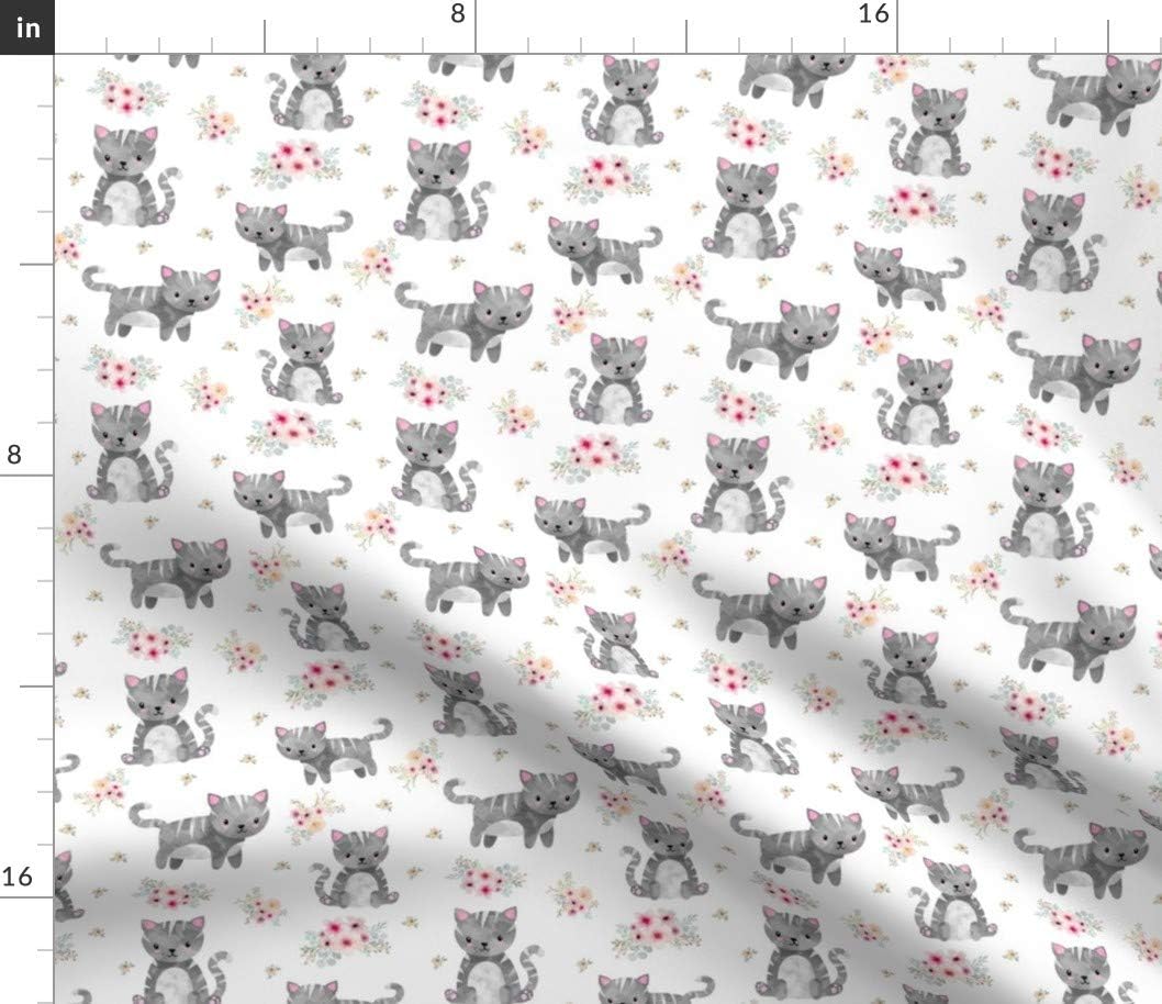 Spoonflower Fabric - Gray Kitten Floral Kitty Cat Flowers Pink Girls Girl Children Kids Printed on Petal Signature Cotton Fabric Fat Quarter - Sewing Quilting Apparel Crafts Decor