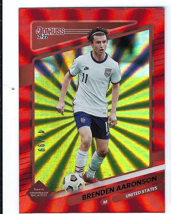 BRENDEN AARONSON 2021-22 Panini Donruss Road to FIFA World Cup Qatar 2022 Soccer #165 RED LASER HOLO PARALLEL Card #47 of only 99 Made! United States Leeds United