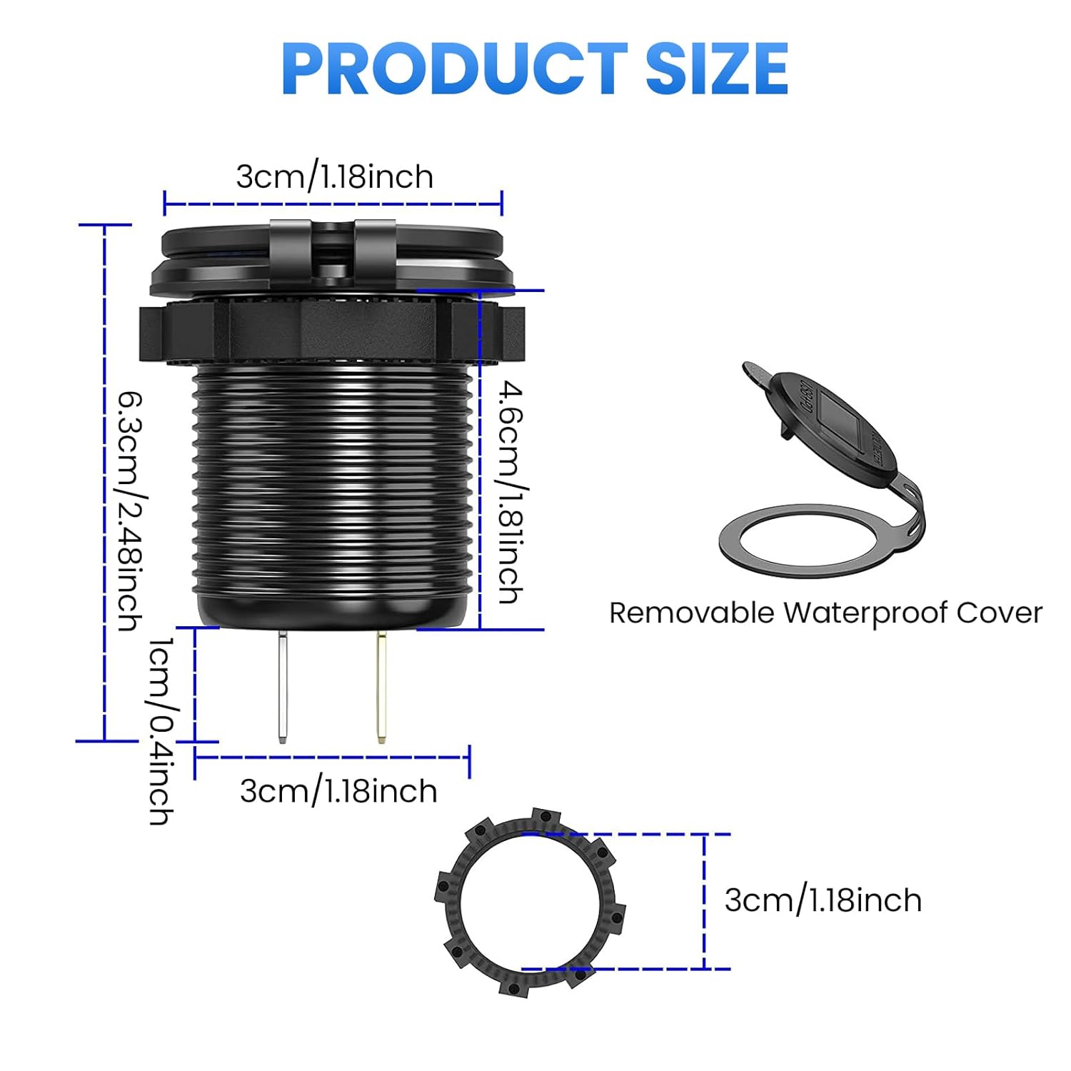 12V USB Charger with 4 Ports, Upgraded Aluminum Alloy Car Outlet with LED Voltmeter Display, for 12/24V Car Golf Cart Boat Marine Bus Truck RV Marine Motorcycle etc. (2PC)