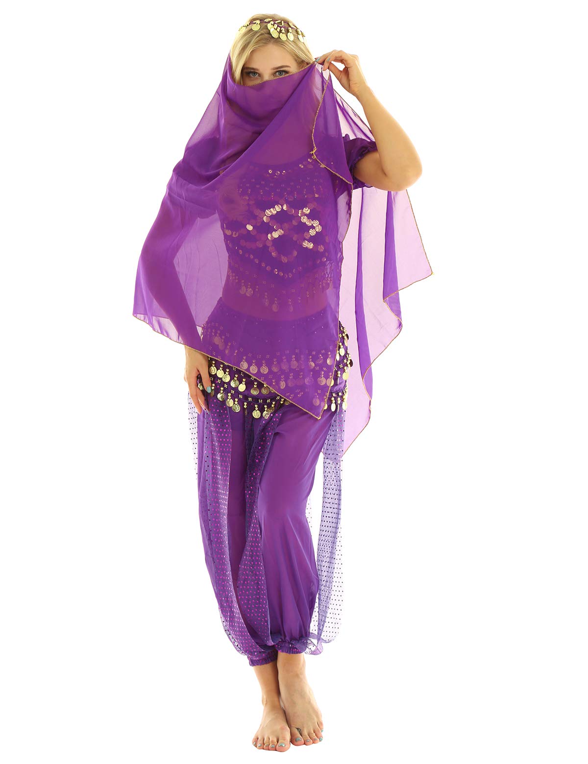 inhzoy Vestido Danza del Vientre para Mujer Disfraz de Princesa Árabe Traje de Baile India Lentejuelas Conjunto de Danza Oriental 4Pcs para Fiesta Actuación