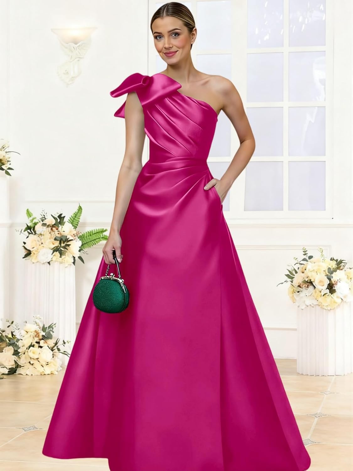 Satin Mother of The Bride Dresses with Pockets A Line Bow Formal Prom Gown Wedding Guest Dress - Image 4