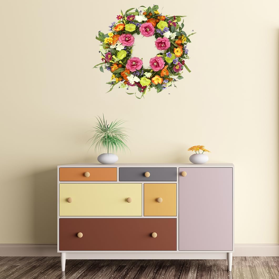 Artificial Spring Summer Wreaths for Front Door Peony Wreath Colorful Floral Wreath with Peony,Daisy,Poppy Flower Lavender for Indoor Outdoor Farmhouse Home Wall Window Festival Decoration