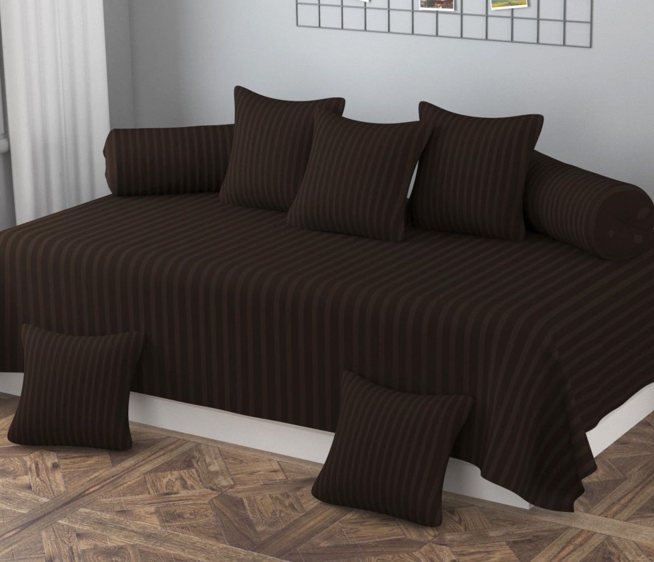 Satin Stripes Diwan Cover 8 Pieces Set, 1 Single Diwan Bedsheet (60 inch X 90 inch) with 5 Cushion Covers (16 inch X 16 inch) & 2 Bolster Covers (16 inch X 32 inch) - Brown-image-17