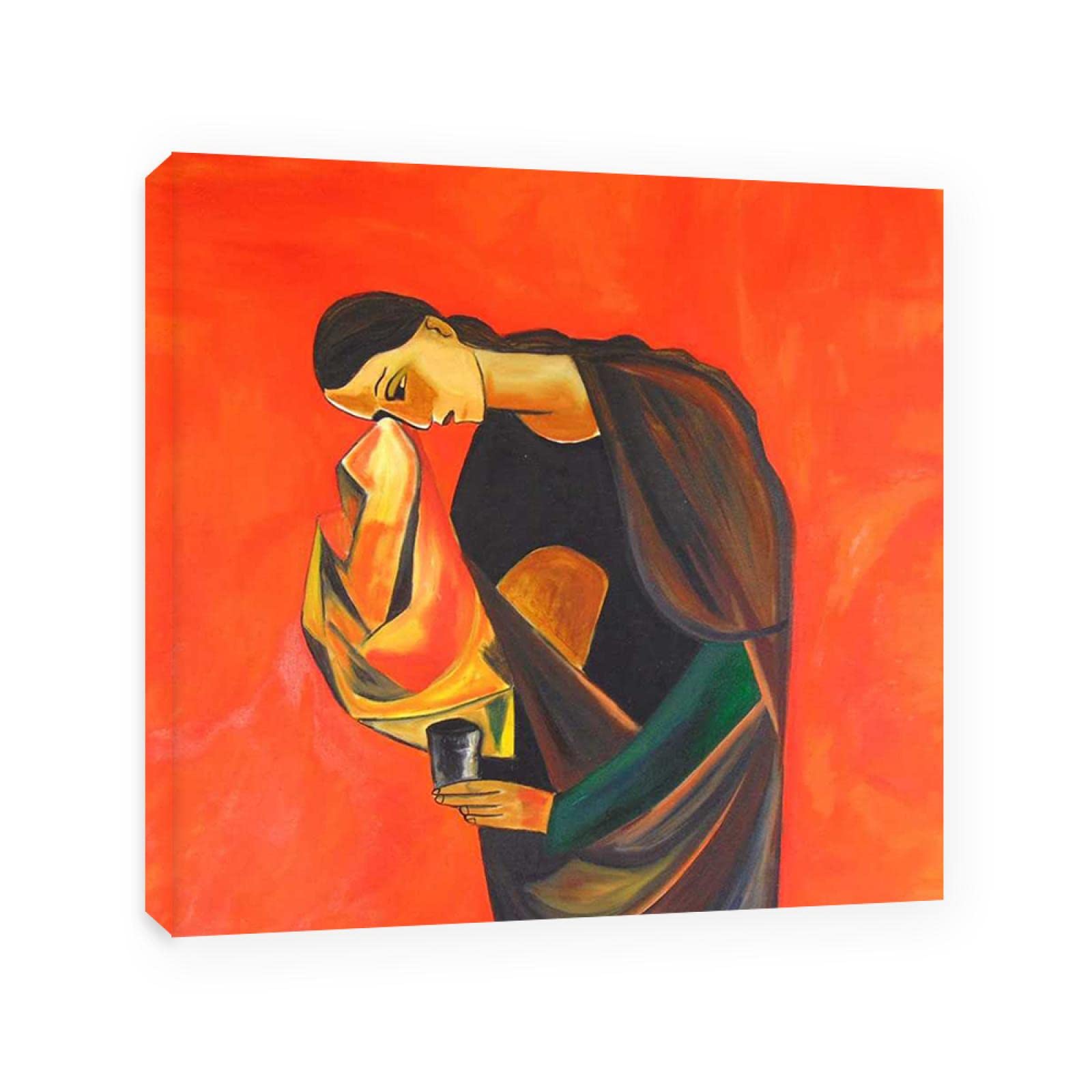 JZSDGB Enmarcado-Carteles e impresiones famosos Oswaldo Guayasamin Reproducciones de pinturas abstractas en lienzo-Señora llorando sosteniendo un vaso-Cuadro de arte de pared 40x40cm(16x16in)
