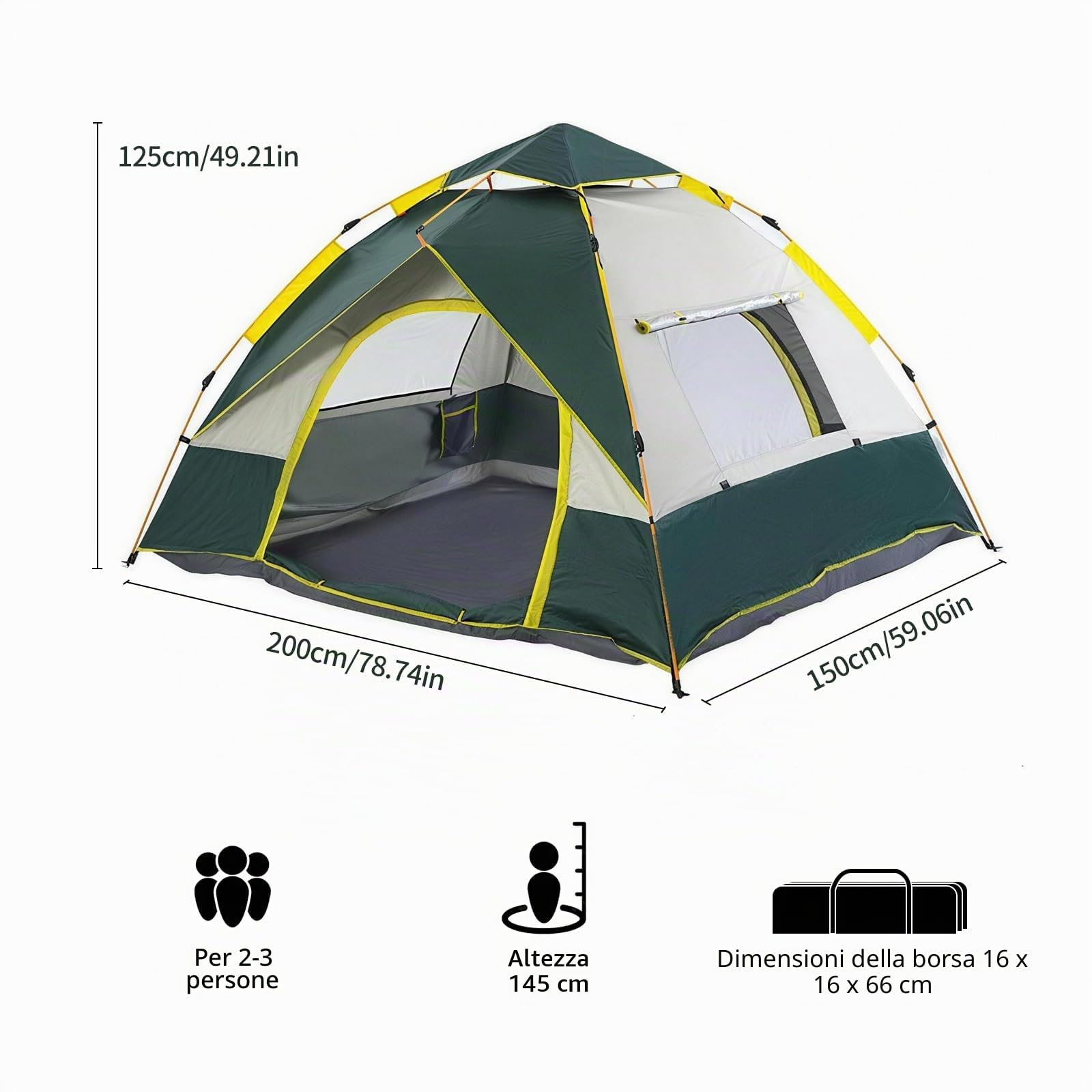 Tenda da campeggio, tenda pop-up, due porte e due finestre, adatta per 2-3 persone, impermeabile e a prova di insetti, ideale per campeggio, viaggi e uso in giardino, verde