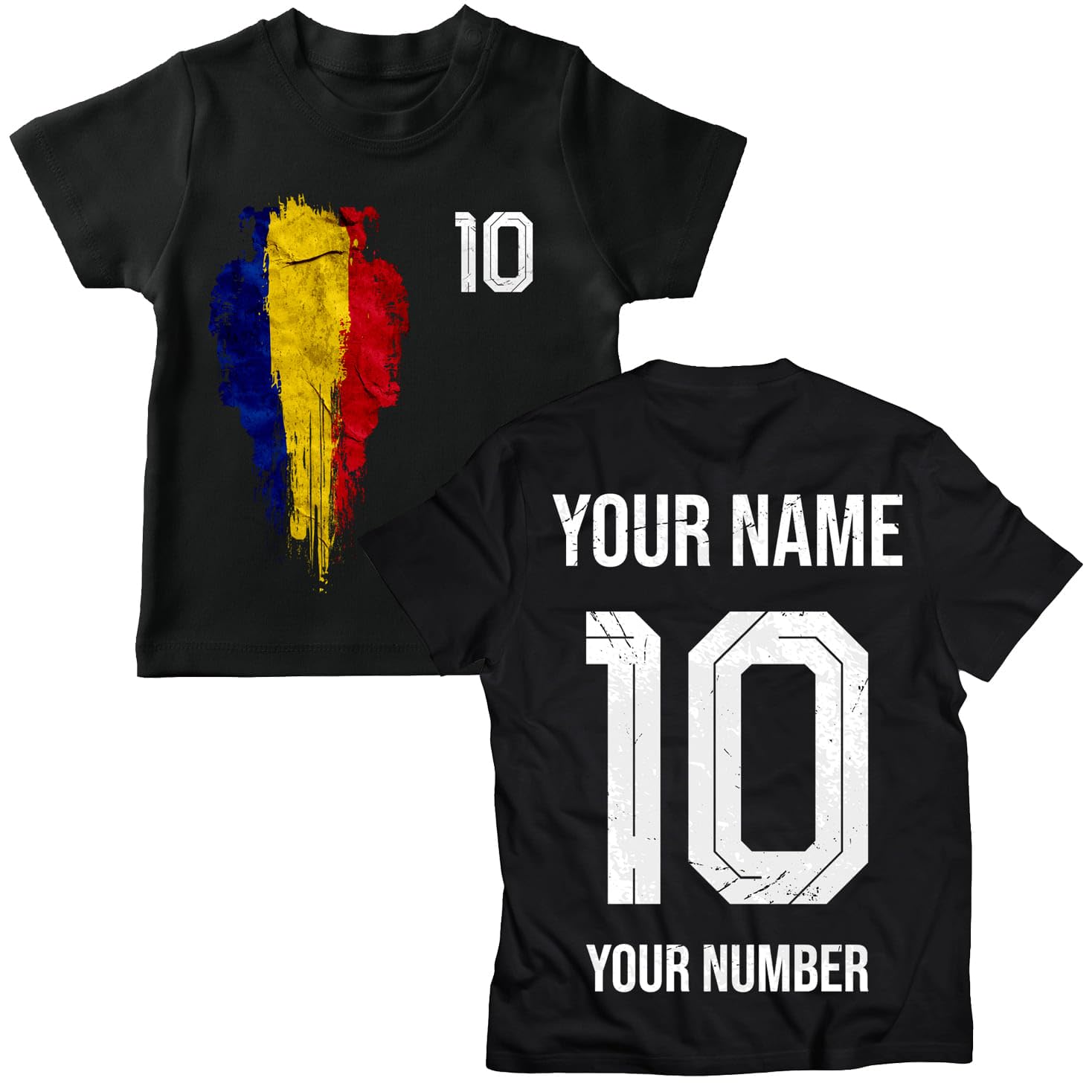 lepni.me Romania 2026 Personalised Kids' Football Fan Graphic Cotton T-Shirt, Custom Name and Number, Short Sleeve Supporters Top (5-6 Years Black Multi Color)