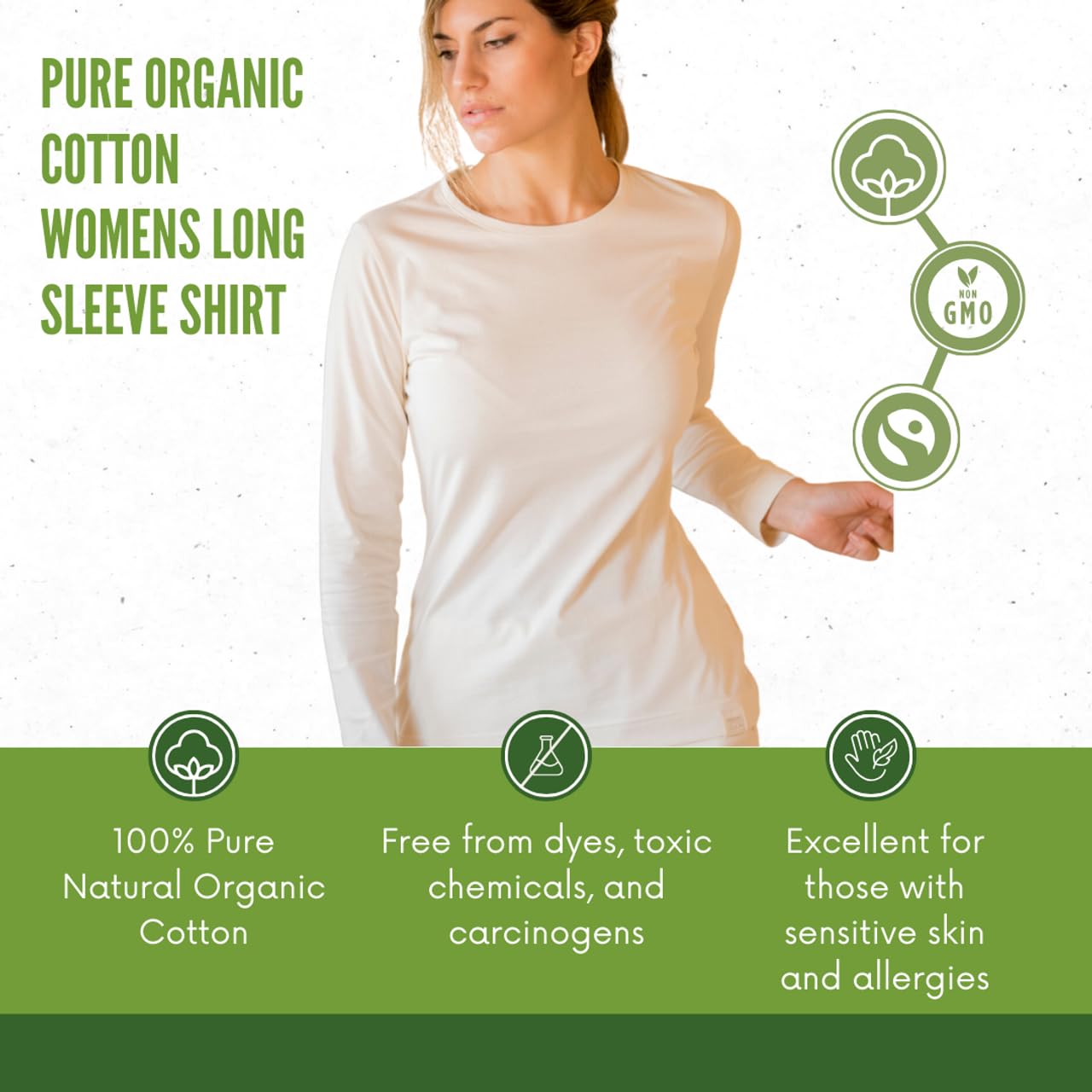 Damen-Langarmshirt, 100% Bio-Baumwolle, frei von Chemikalien, weiß, atmungsaktiv, hypoallergen, umweltfreundlich