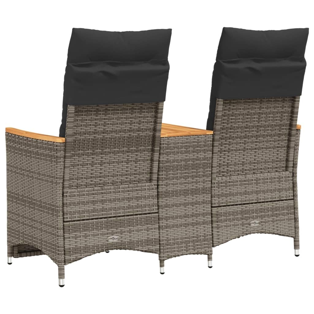 Gartensofa 2-Sitzer Verstellbar mit integriertem Tisch Grau Poly Rattan Gartenbank mit Auflagen Relaxsofa für Terrasse und Balkon Bequeme Sitzgruppe aus PE-Rattan und Akazienholz
