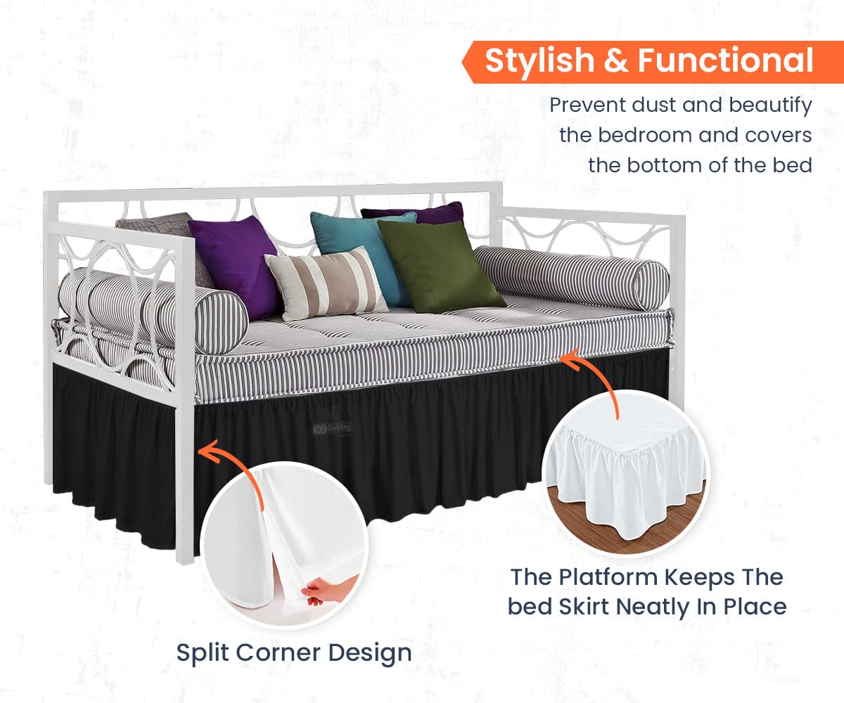SGI 14 Inch Drop Twin Size Black Solid Day Bed Skirt Stylish Ruffled Pattern Split Corner Easy Fit Easy Care Fade & Wrinkle Resistant- Microfiber Made
