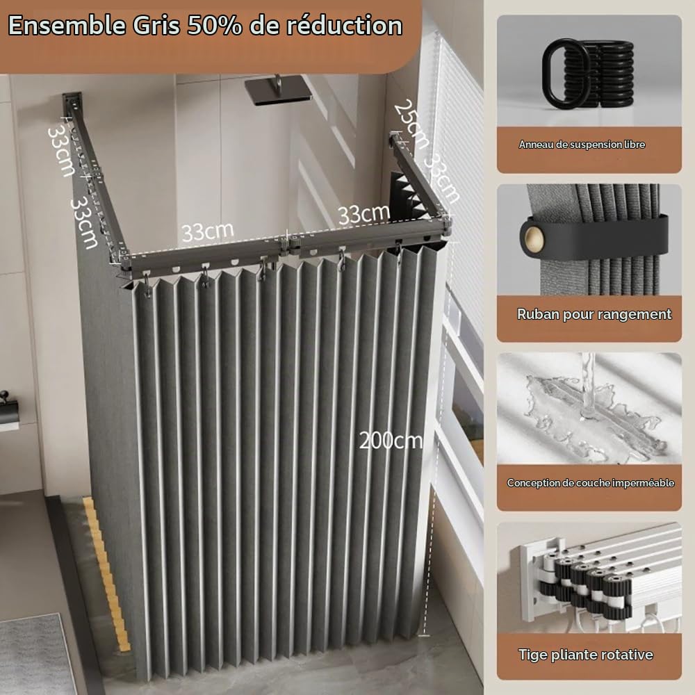 Tringle à Rideau De Douche Pliable,Barre De Douche en L Rétractable,Pliable Tringle à Rideau Barre,1,8× 2 m Rideau de Douche Pliable Anti Moisissure Imperméable,Forme U/L/Droite, pour Salles de Bain